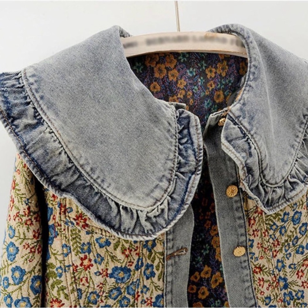 Floral Denim Jacket with Ruffled Collar - Picture 3 of 4
